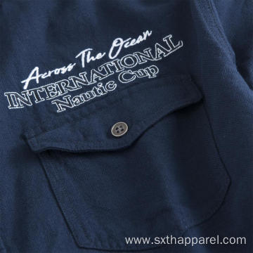 Men's Dark Blue Pockets Short Sleeve Embroidered Shirts